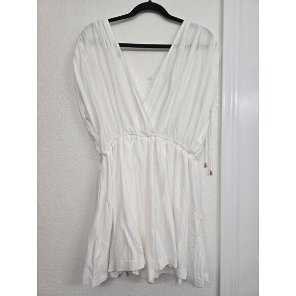 Hyfve White Romper Ruched Shoulders Tassel Ties Pockets Lined V-Neck Boho Chic M - Picture 4 of 13